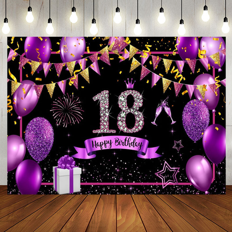 Aperturee - Purple Gold Balloon Glitter 18th Birthday Backdrop