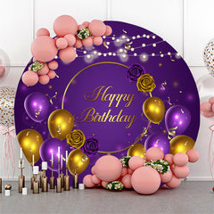 Aperturee Purple Gold Balloon Happy Birthday Round Backdrop