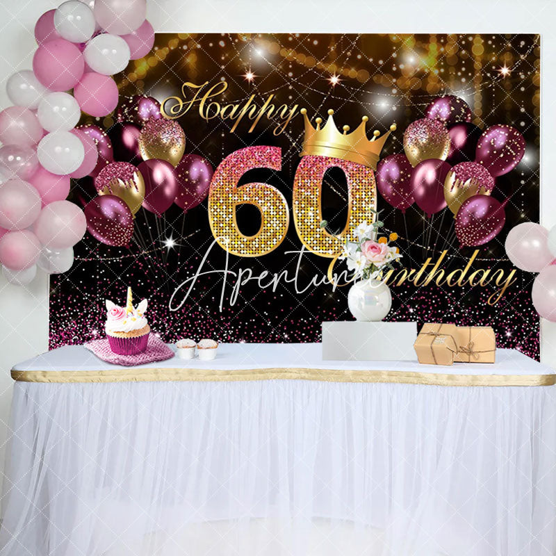 Aperturee - Purple Gold Balloon Sparkles 60th Birthday Backdrop