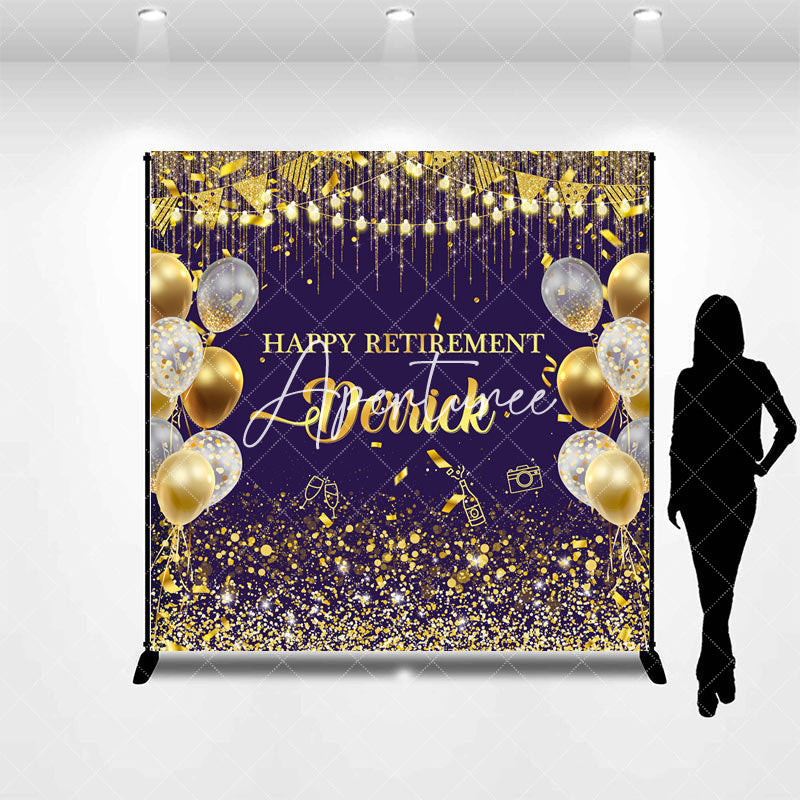 Aperturee - Purple Gold Balloons Custom Name Retirement Backdrop