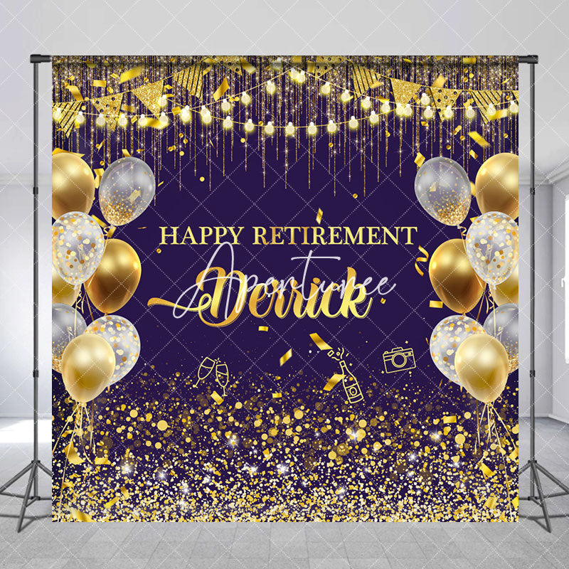 Aperturee - Purple Gold Balloons Custom Name Retirement Backdrop