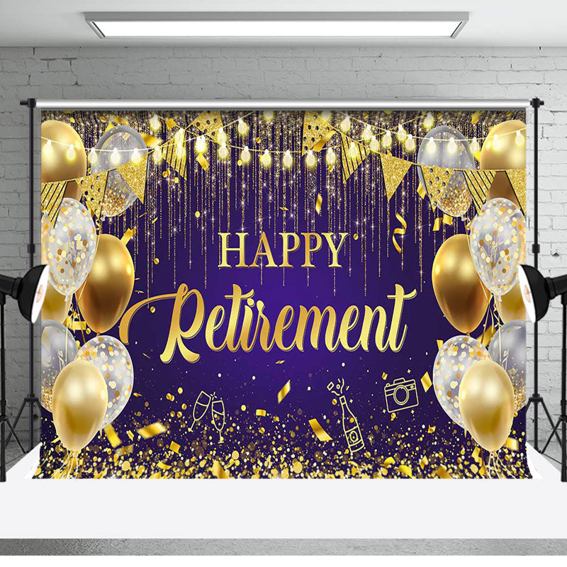 Aperturee - Purple Gold Balloons Happy Retirement Party Backdrop