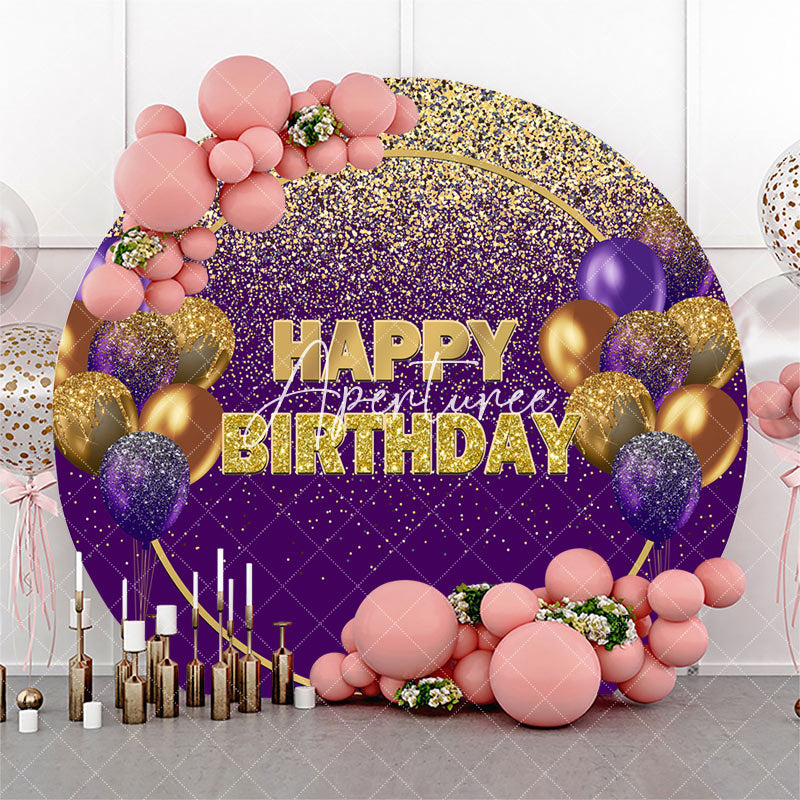 Aperturee - Purple Gold Glitter Balloons Round Birthday Backdrop