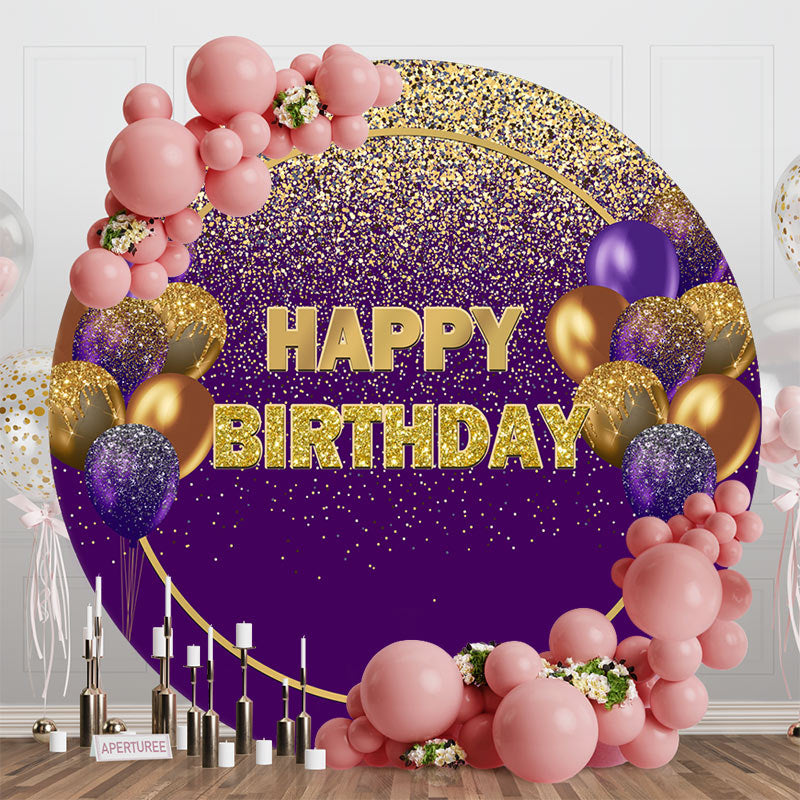 Aperturee - Purple Gold Glitter Balloons Round Birthday Backdrop