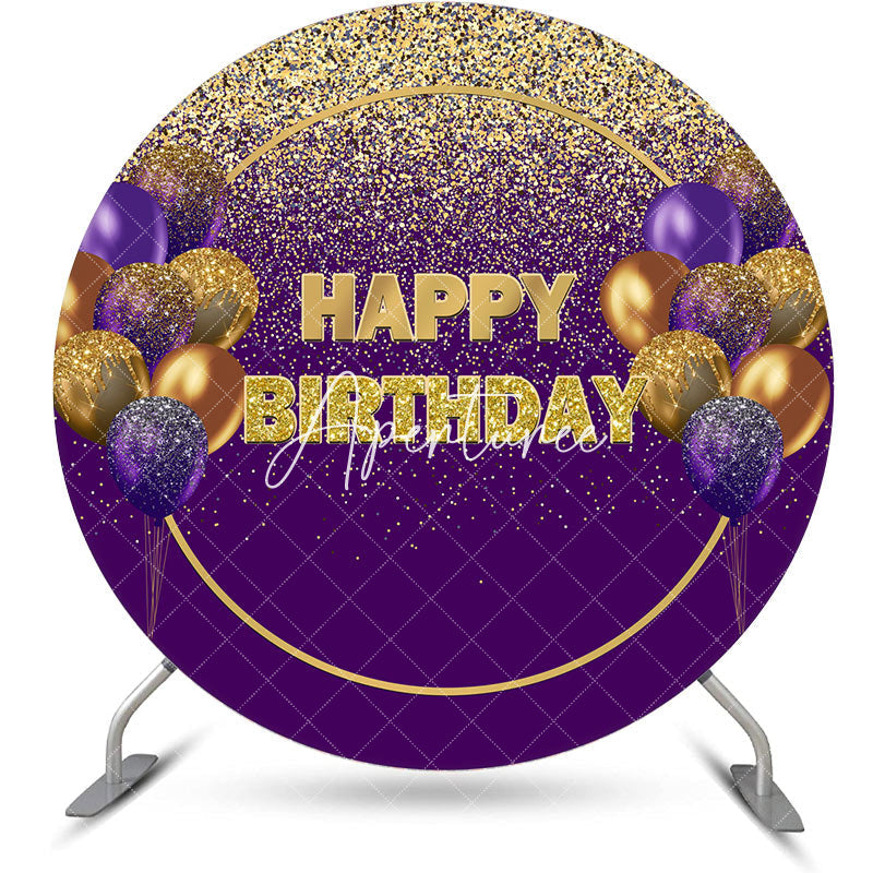 Aperturee - Purple Gold Glitter Balloons Round Birthday Backdrop