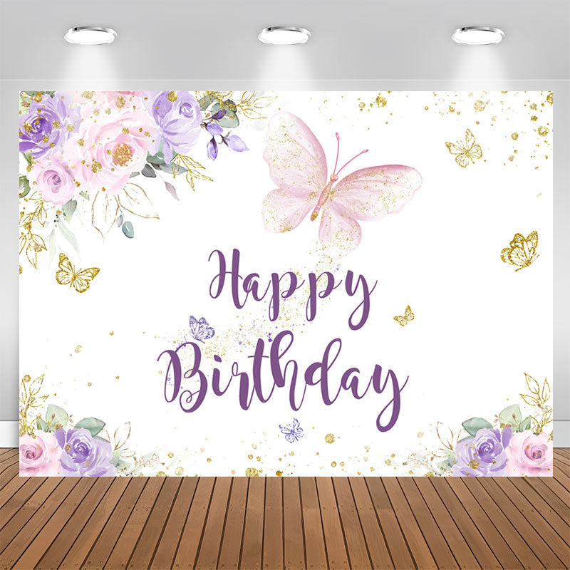 Aperturee - Purple Gold Glitter Butterfly Happy Birthday Backdrop