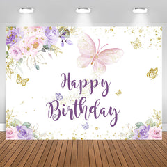 Aperturee - Purple Gold Glitter Butterfly Happy Birthday Backdrop