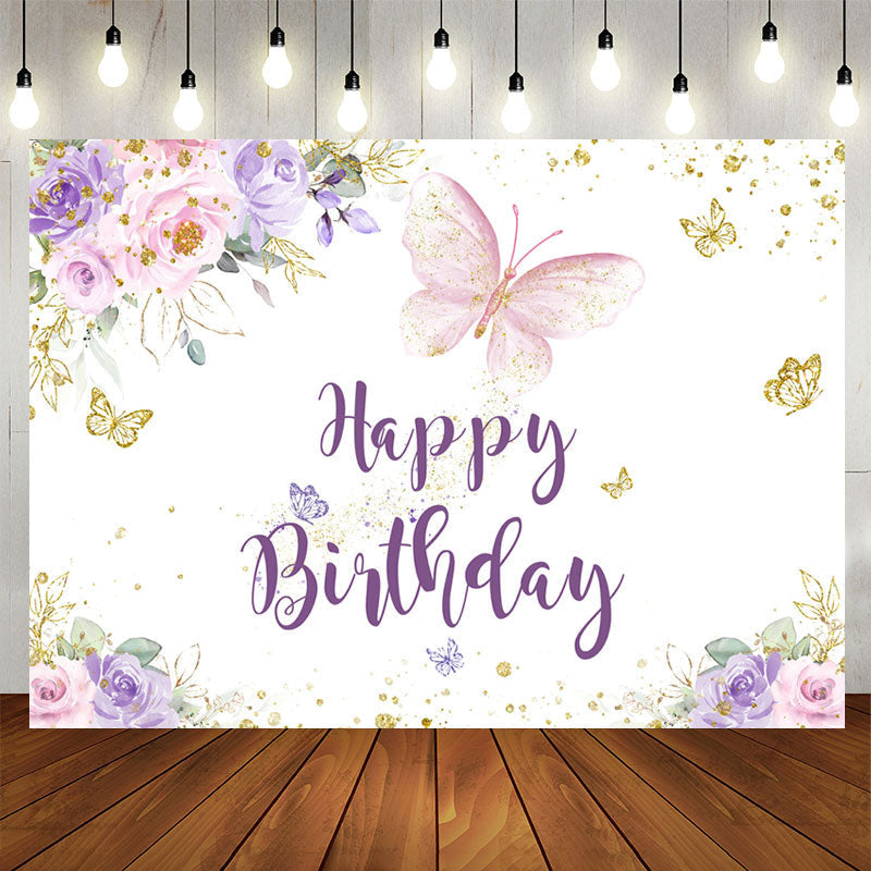 Aperturee - Purple Gold Glitter Butterfly Happy Birthday Backdrop