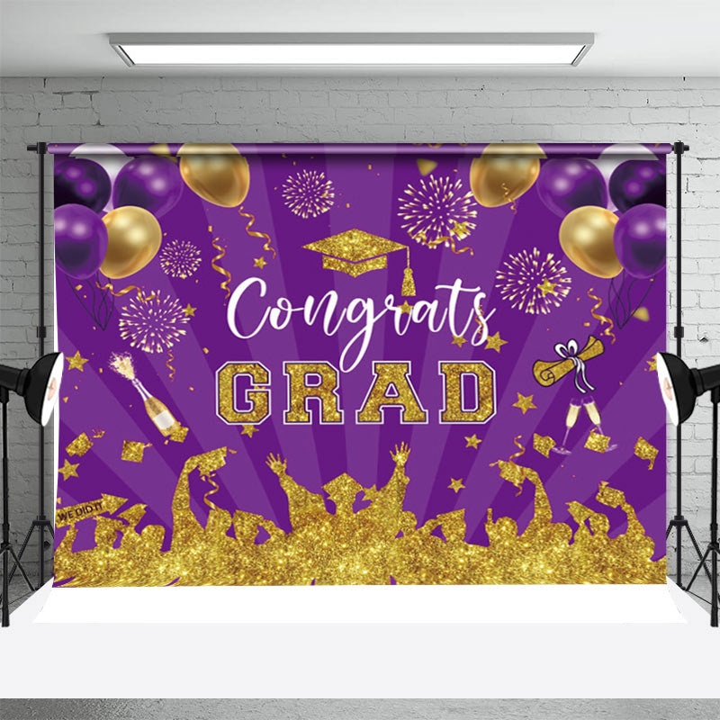 Aperturee - Purple Gold Sparkle Balloons Stripe Grad Backdrop