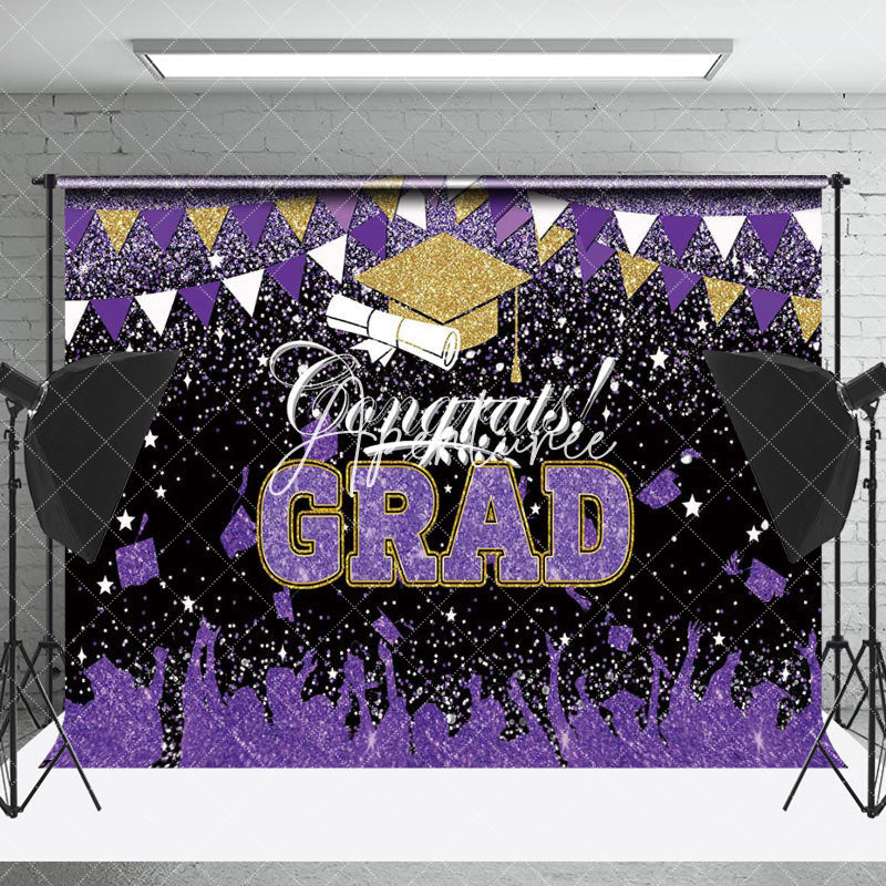 Aperturee - Purple Gold White Glitter Congrats Grad Backdrop