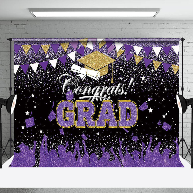 Aperturee - Purple Gold White Glitter Congrats Grad Backdrop