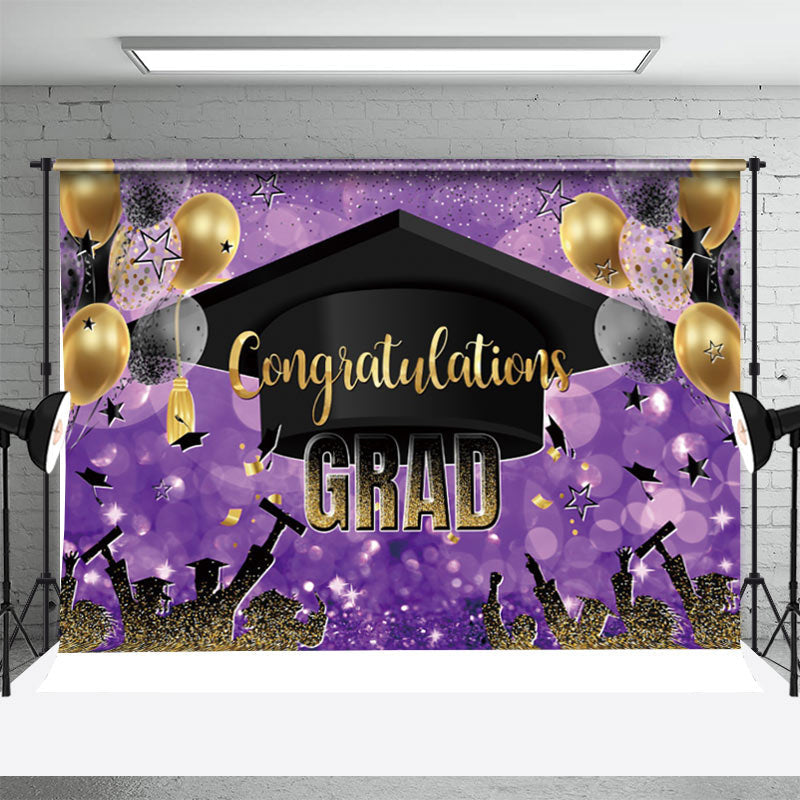 Aperturee - Purple Golden Balloon Hat Bokeh Graduation Backdrop