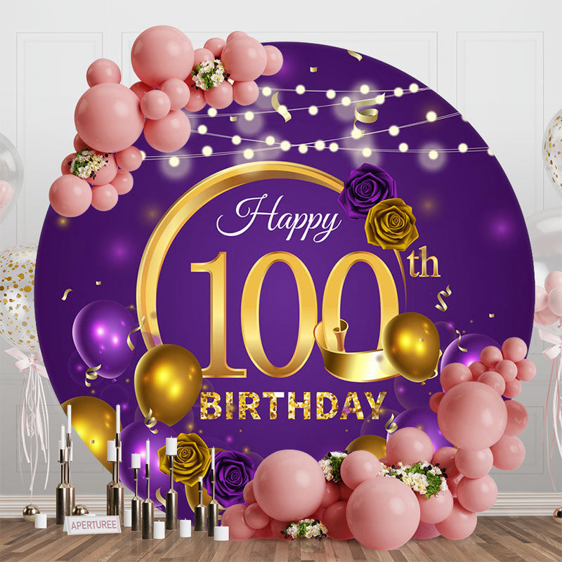 Aperturee - Purple Golden Balloon Round 100th Birthday Backdrop