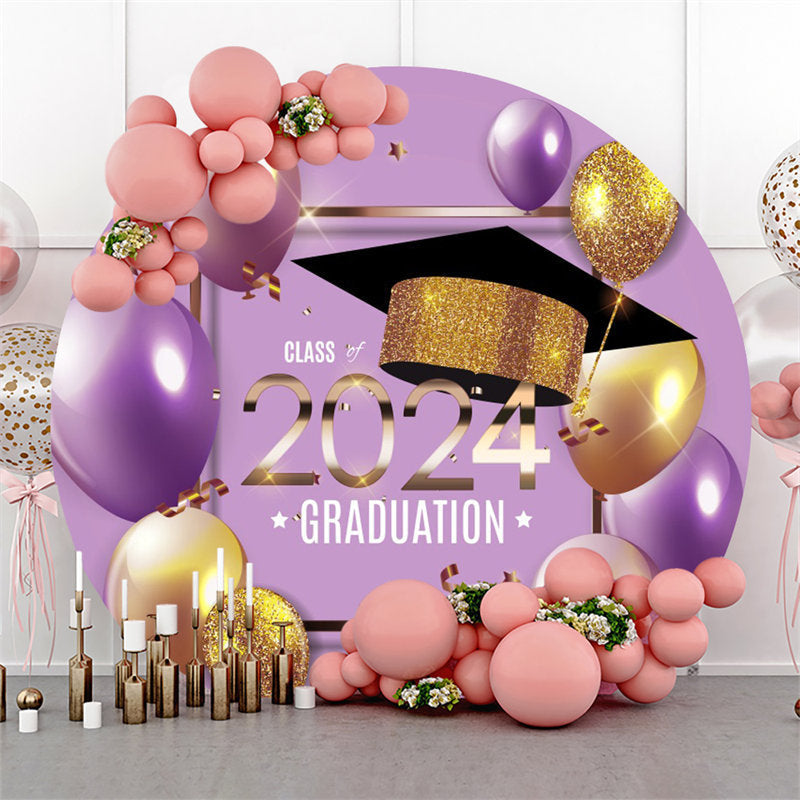 Aperturee - Purple Golden Balloons Round Graduation Backdrop