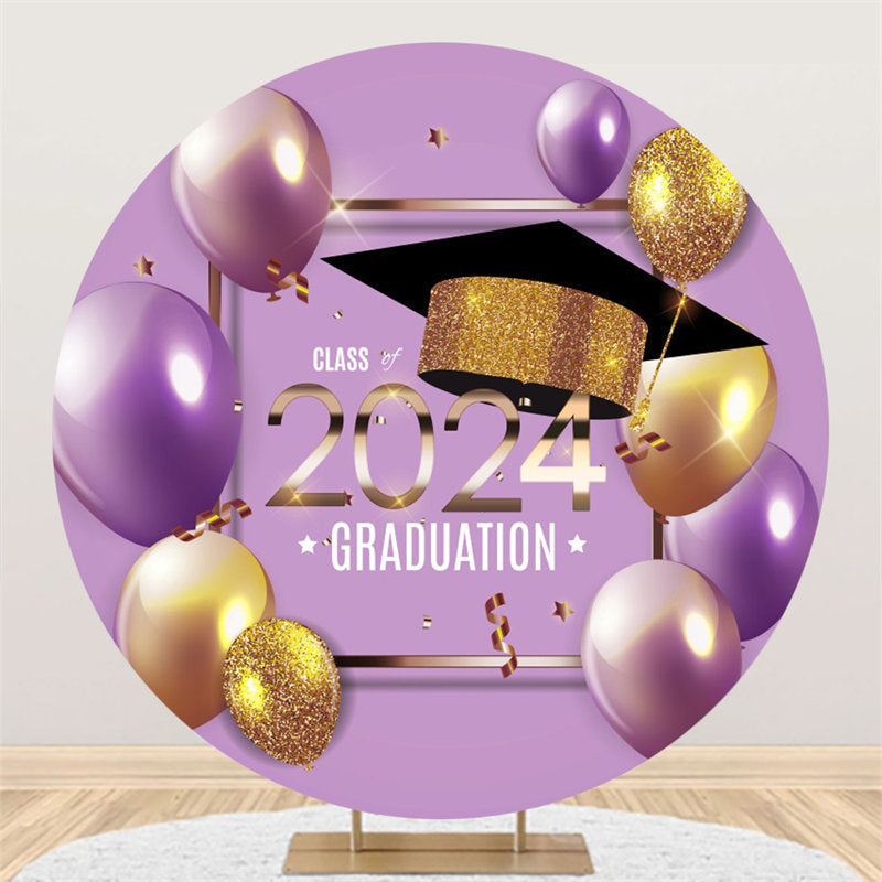 Aperturee - Purple Golden Balloons Round Graduation Backdrop