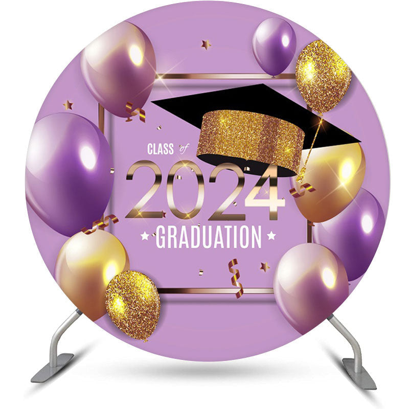 Aperturee - Purple Golden Balloons Round Graduation Backdrop