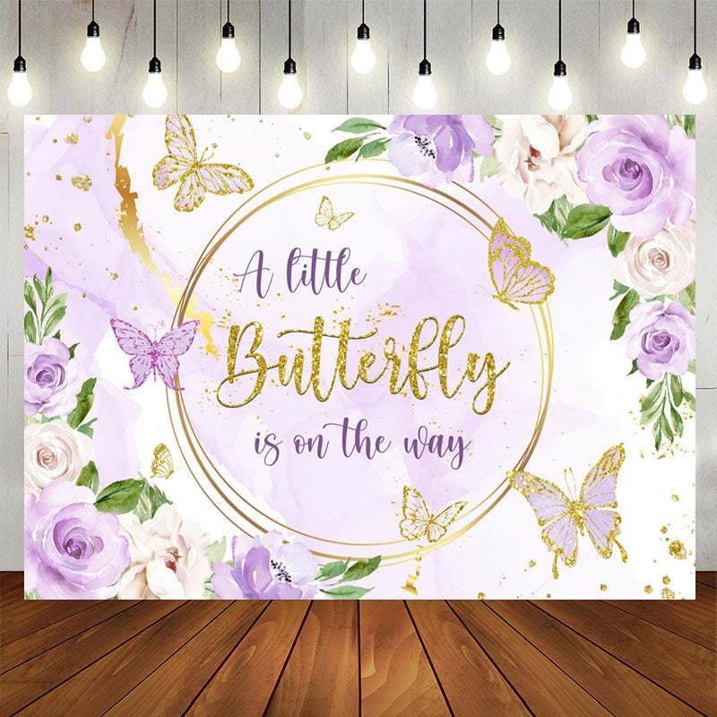 Aperturee - Purple Golden Flowers Butterfly Baby Shower Backdrop