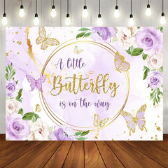 Aperturee - Purple Golden Flowers Butterfly Baby Shower Backdrop