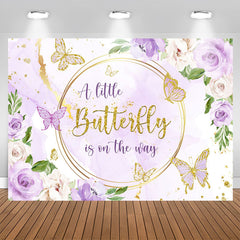 Aperturee - Purple Golden Flowers Butterfly Baby Shower Backdrop