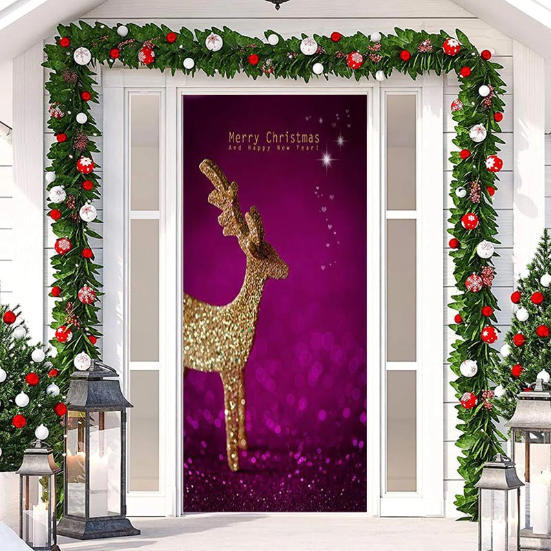 Aperturee - Purple Golden Glitter Elk Merry Christmas Door Cover