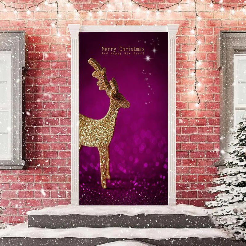 Aperturee - Purple Golden Glitter Elk Merry Christmas Door Cover