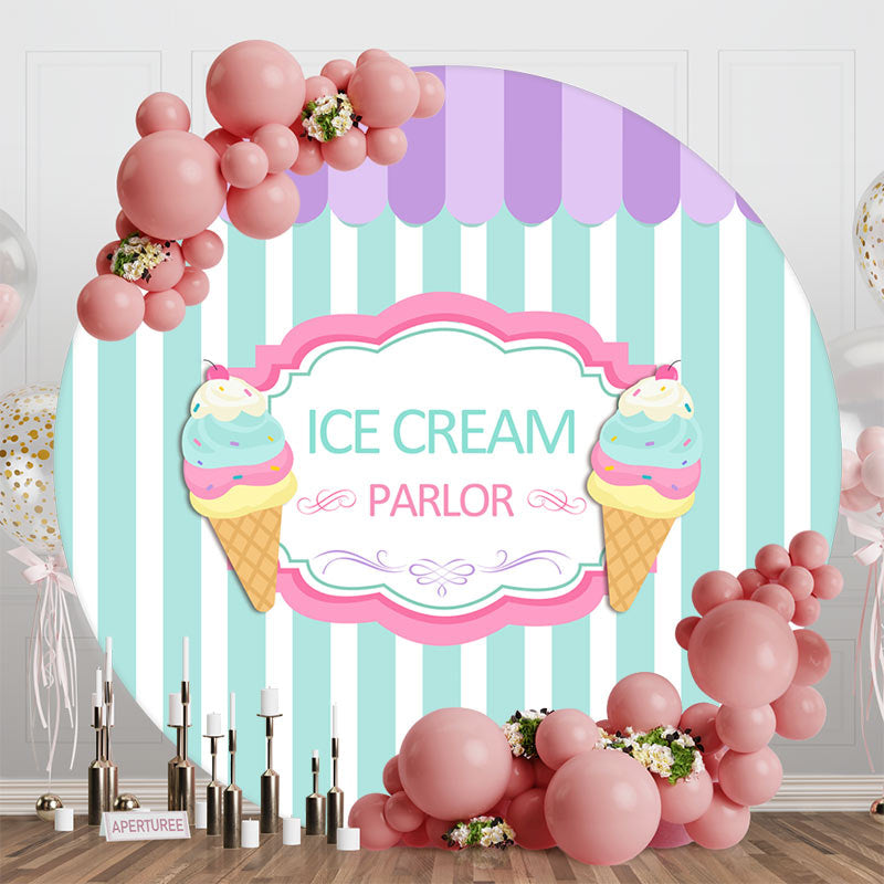 Aperturee - Purple Green Stripe Ice Cream Parlor Round Backdrop