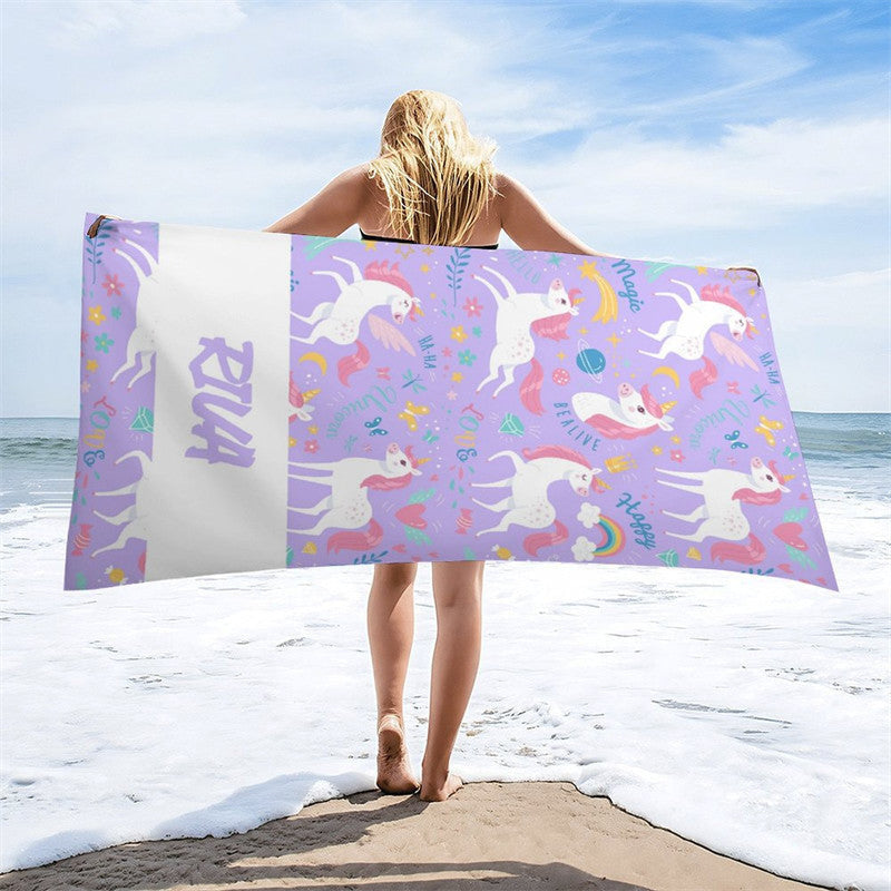 Aperturee - Purple Happy Unicorn Flowers Custom Beach Towel