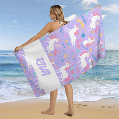 Aperturee - Purple Happy Unicorn Flowers Custom Beach Towel