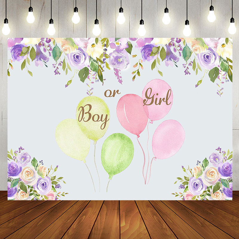 Aperturee - Purple Ink Floral Balloons Baby Shower Backdrop