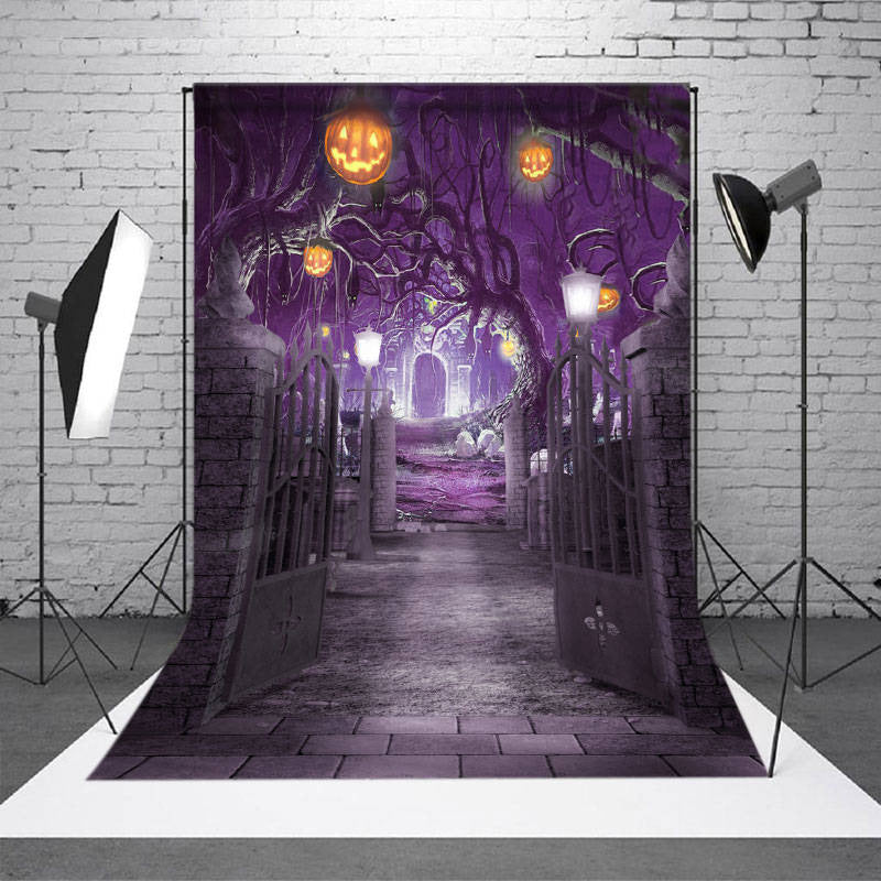 Aperturee - Purple Misty Night Pumpkin Theme Halloween Backdrop