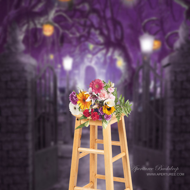 Aperturee - Purple Misty Night Pumpkin Theme Halloween Backdrop