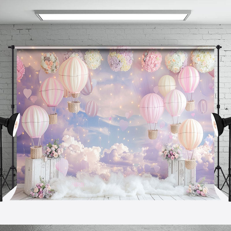 Aperturee - Purple Pink Cloud Hot Air Balloon Cake Smash Backdrop