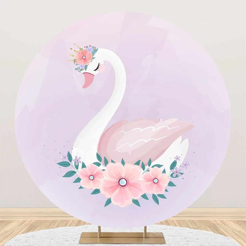 Aperturee - Purple Pink Floral Leaf Swan Round Birthday Backdrop