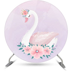 Aperturee - Purple Pink Floral Leaf Swan Round Birthday Backdrop