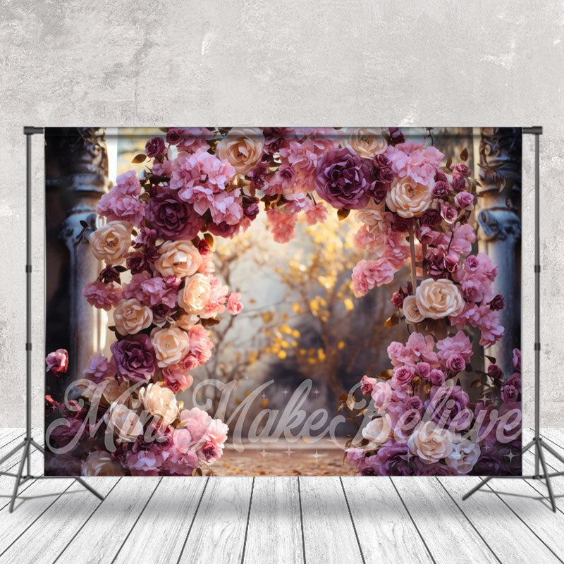 Aperturee - Purple Pink Rose Arch Door Bokeh Flower Backdrop