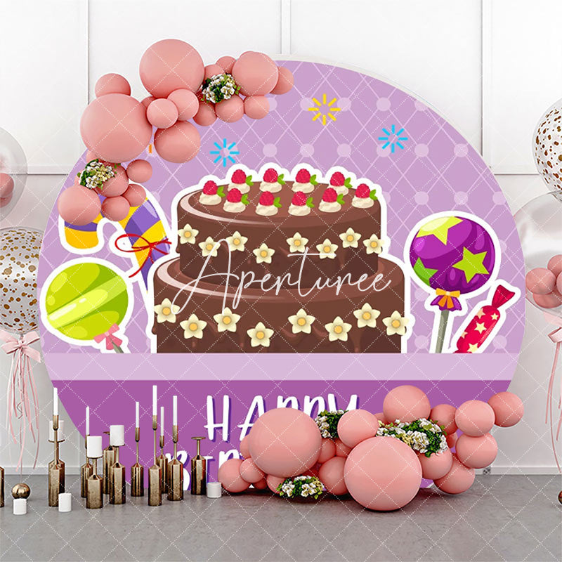 Aperturee - Purple Plaid Candyland Cake Round Birthday Backdrop