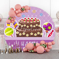 Aperturee - Purple Plaid Candyland Cake Round Birthday Backdrop