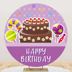 Aperturee - Purple Plaid Candyland Cake Round Birthday Backdrop