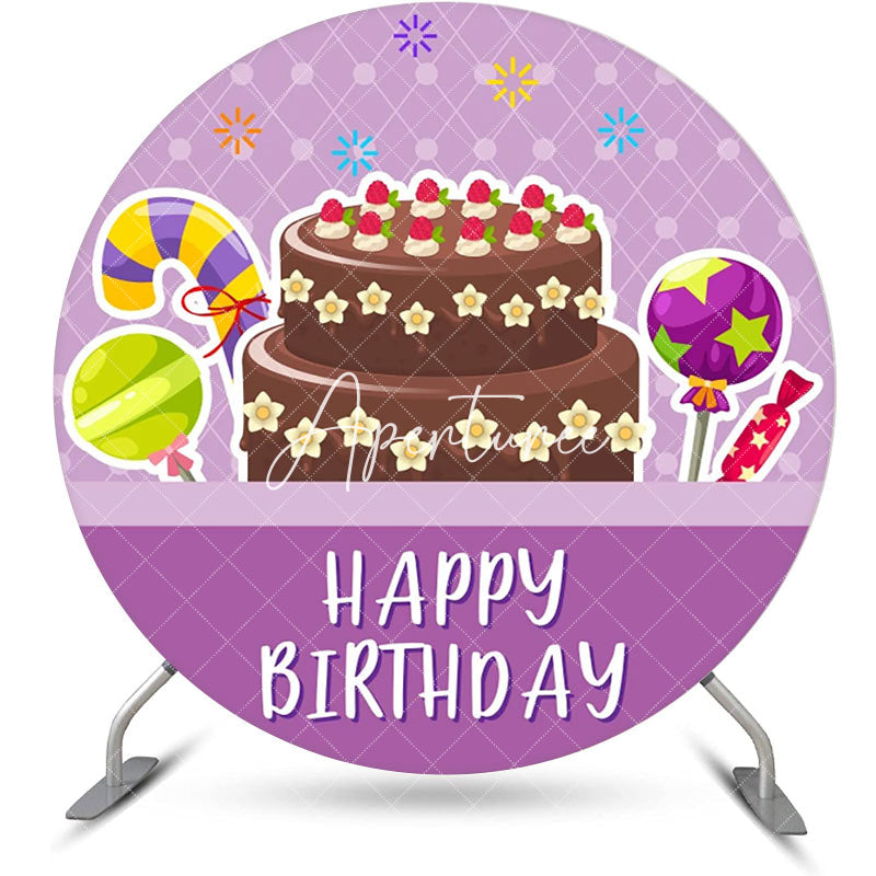 Aperturee - Purple Plaid Candyland Cake Round Birthday Backdrop