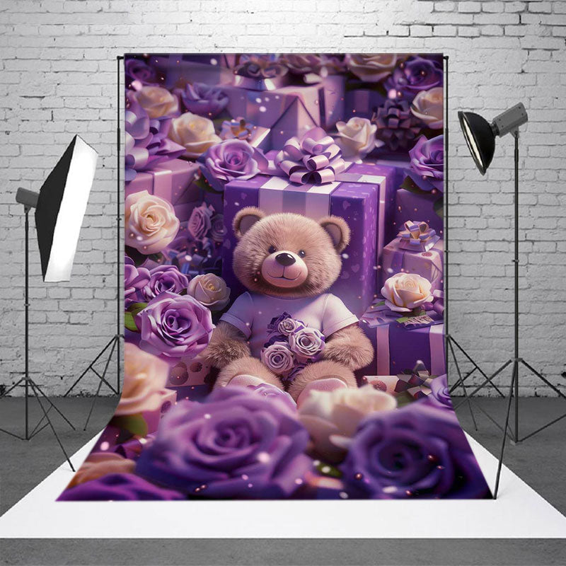 Aperturee - Purple Rose Cute Teddy Bear Gift Phtooshoot Backdrop