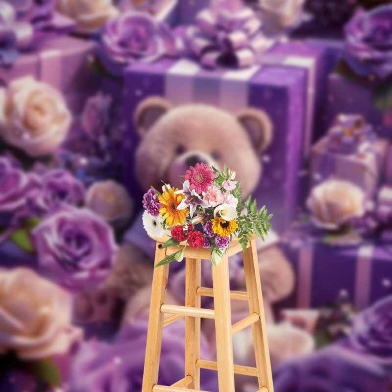 Aperturee - Purple Rose Cute Teddy Bear Gift Phtooshoot Backdrop