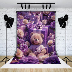 Aperturee - Purple Rose Cute Teddy Bear Gift Phtooshoot Backdrop