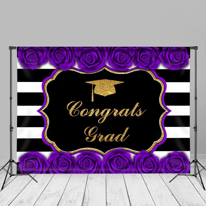 Aperturee - Purple Roses Stripe Congrats Grad Photo Booth Backdrop