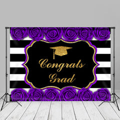 Aperturee - Purple Roses Stripe Congrats Grad Photo Booth Backdrop