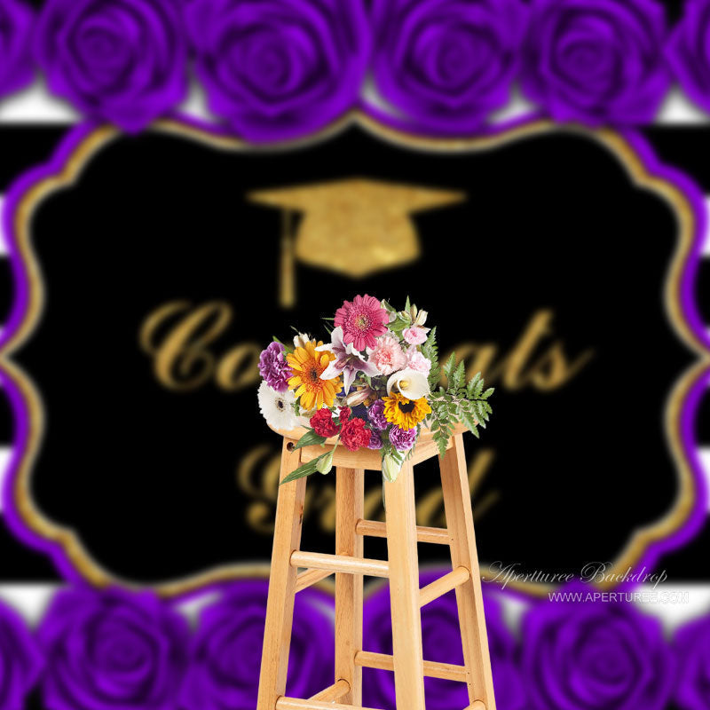 Aperturee - Purple Roses Stripe Congrats Grad Photo Booth Backdrop