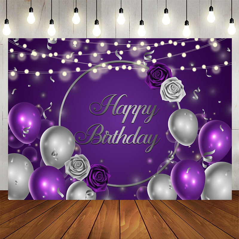 Aperturee - Purple Silver Balloons and Florals Birthday Backdrops