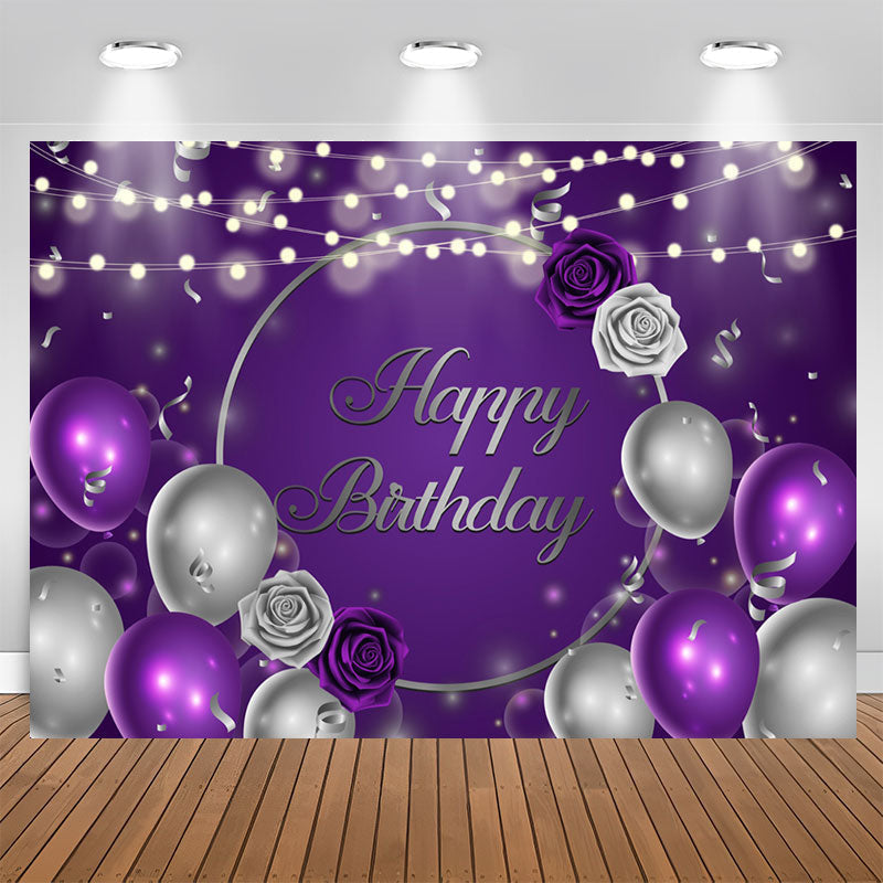 Aperturee - Purple Silver Balloons and Florals Birthday Backdrops