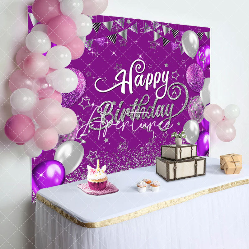 Aperturee - Purple Silver Balloons Sparkle Birthday Backdrop