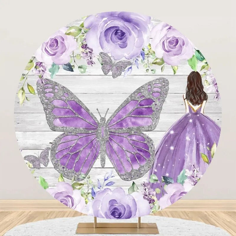 Aperturee - Purple Silver Floral Wooden Round Birthday Backdrop