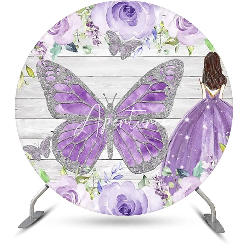 Aperturee - Purple Silver Floral Wooden Round Birthday Backdrop